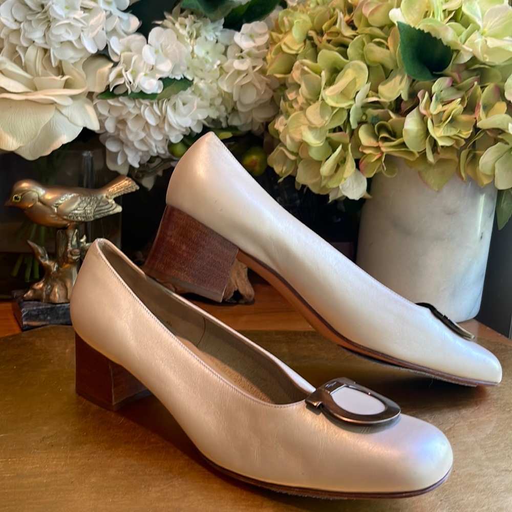 Salvatore Ferragamo Gancini Bit Logo Heels in Pearlescent Leather